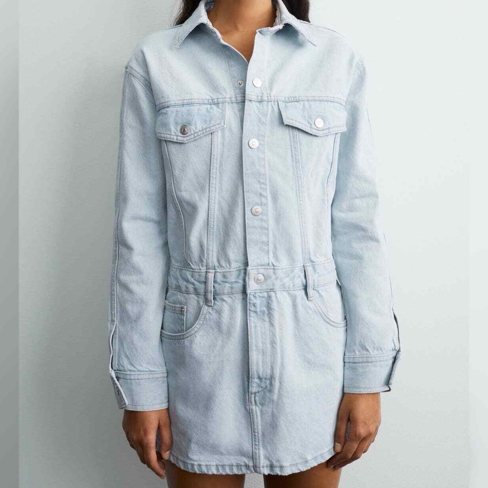 Zara Light Blue Denim Long Sleeve Mini Dress SIZE XS